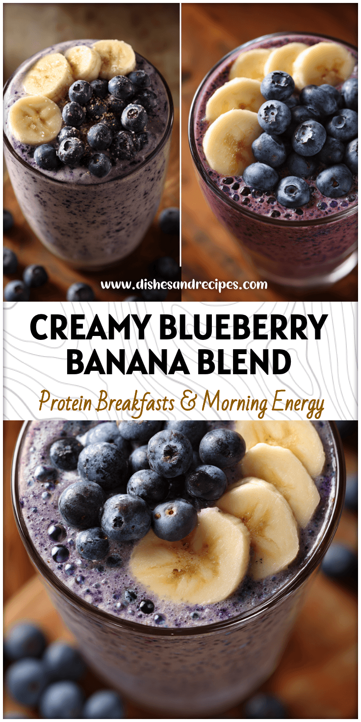 Glass of Blueberry Banana Smoothie topped with fresh blueberries and banana slices for a Healthy Blueberry drink.